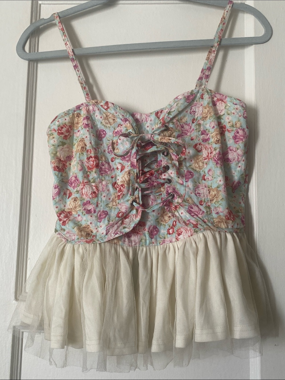 Love Culture Sweet Floral  Lace-Up Tulle Dress - Light Blue, Pink, Cream Sz S